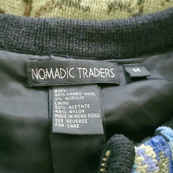 Vintage Nomadic Traders Wool Sweater Jacket M Green Blue Floral Zip Up Boho - Picture 4 of 5